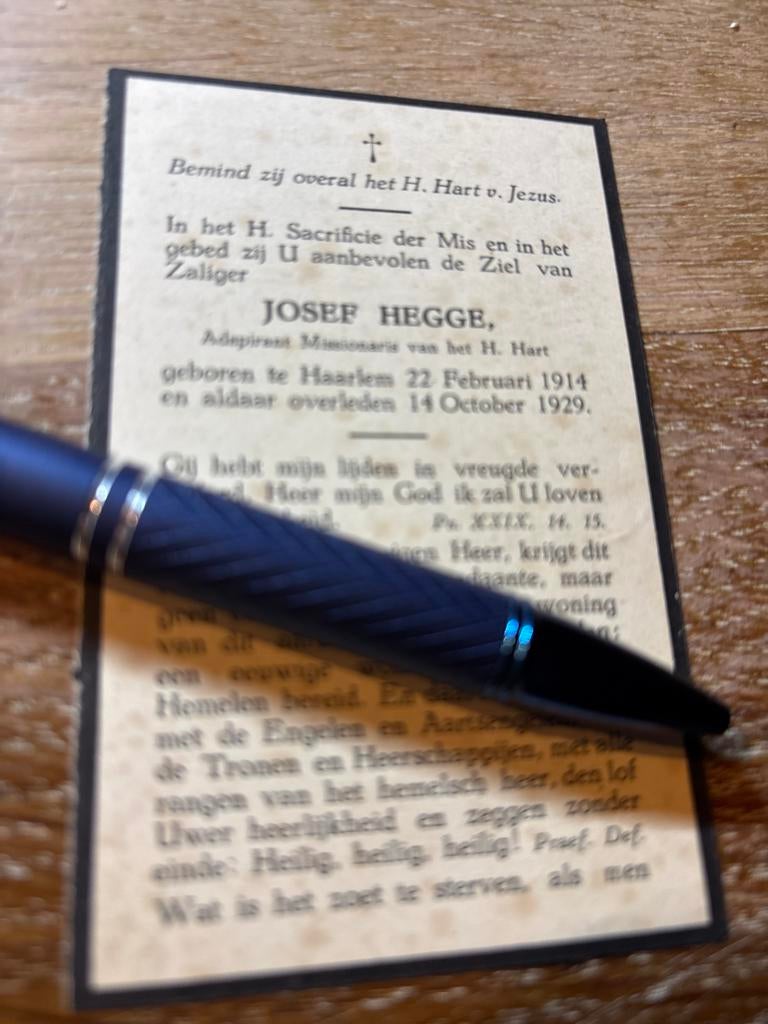 Hegge Josef 1914 Haarlem 1929, Verzamelen, Bidprentjes en Rouwkaarten, Ophalen of Verzenden, Bidprentje