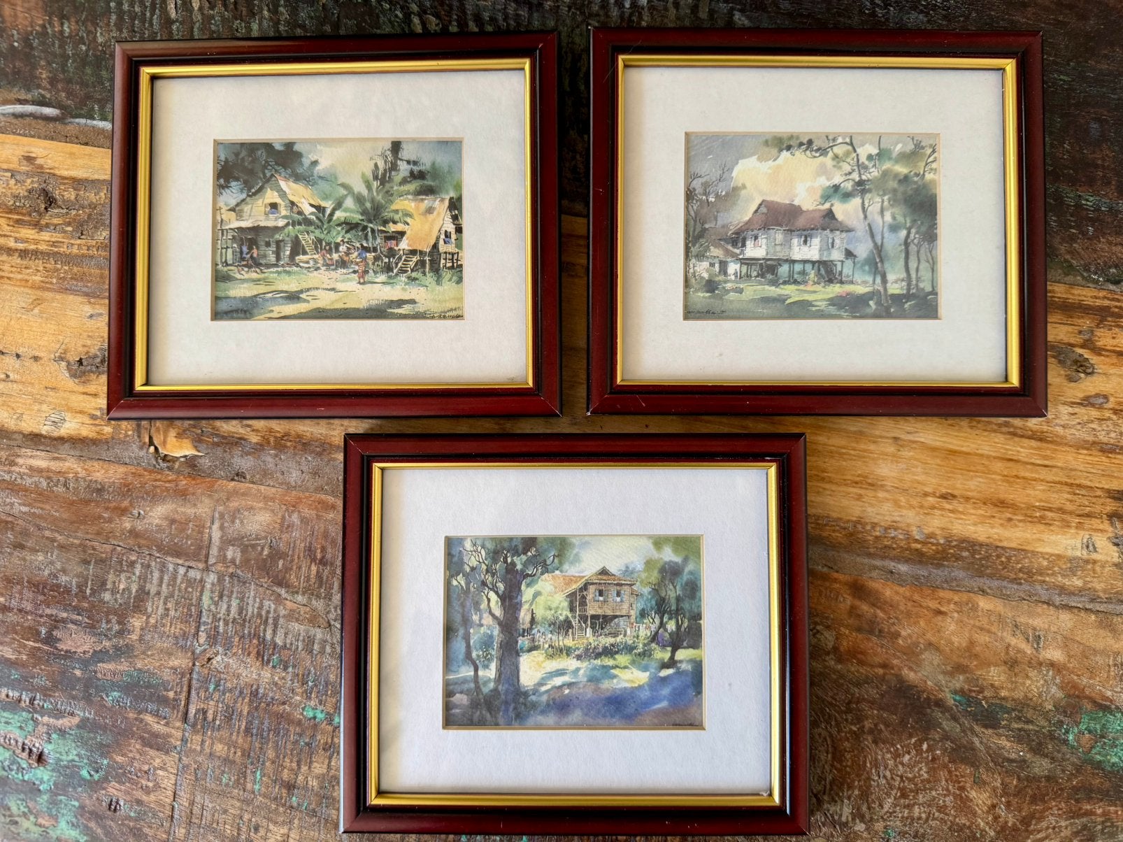 3 vintage Maleisische miniatuur ingelijste kunstdrukken, Antiek en Kunst, Kunst | Litho's en Zeefdrukken, Ingelijst, Verzenden