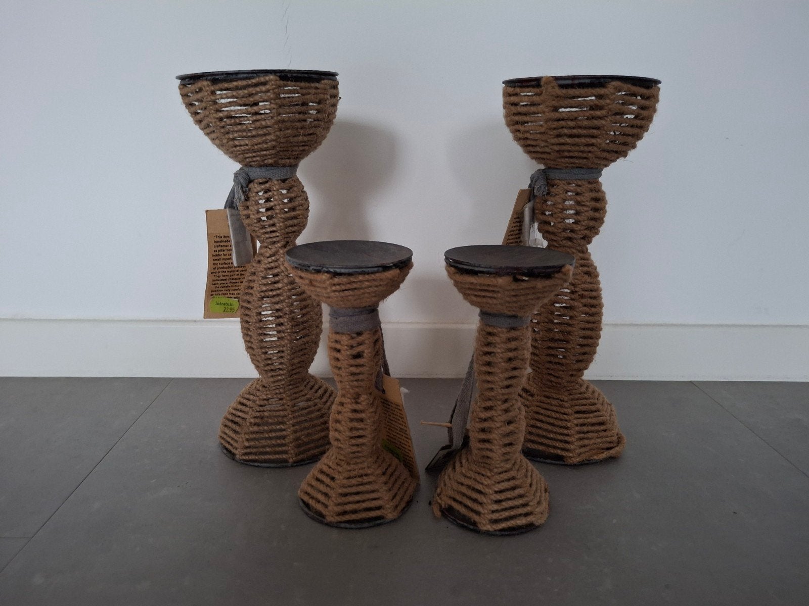 Lodsh - set van 4 leuke kandelaars van touw en metaal, Gebruikt, 25 tot 50 cm, Bruin, Ophalen of Verzenden