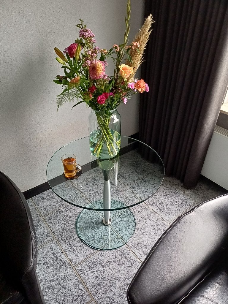 Glazen bijzettafel, Huis en Inrichting, Gebruikt, Rond, 55 tot 75 cm, Glas