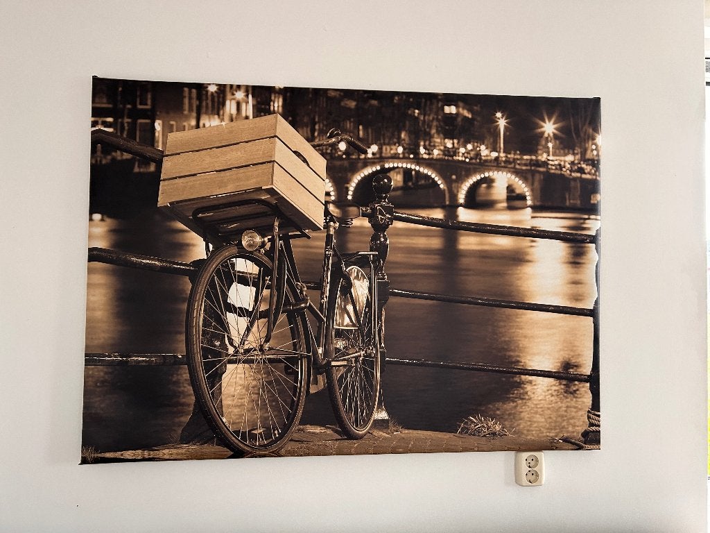 Groot canvas schilderij Amsterdam met fietsen – 118  78 cm, Ophalen, Zo goed als nieuw, 100 tot 125 cm, Schilderij