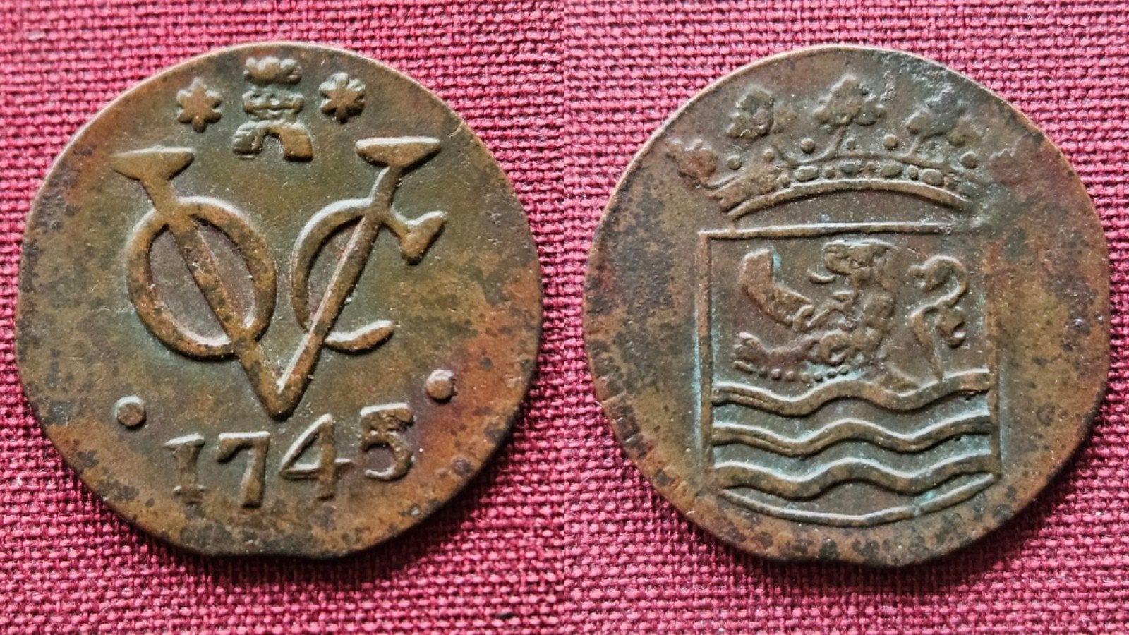 Prachtige oude munt VOC duit Zeeland 1745 overslag, Ophalen of Verzenden, Vóór koninkrijk, Overige waardes, Losse munt