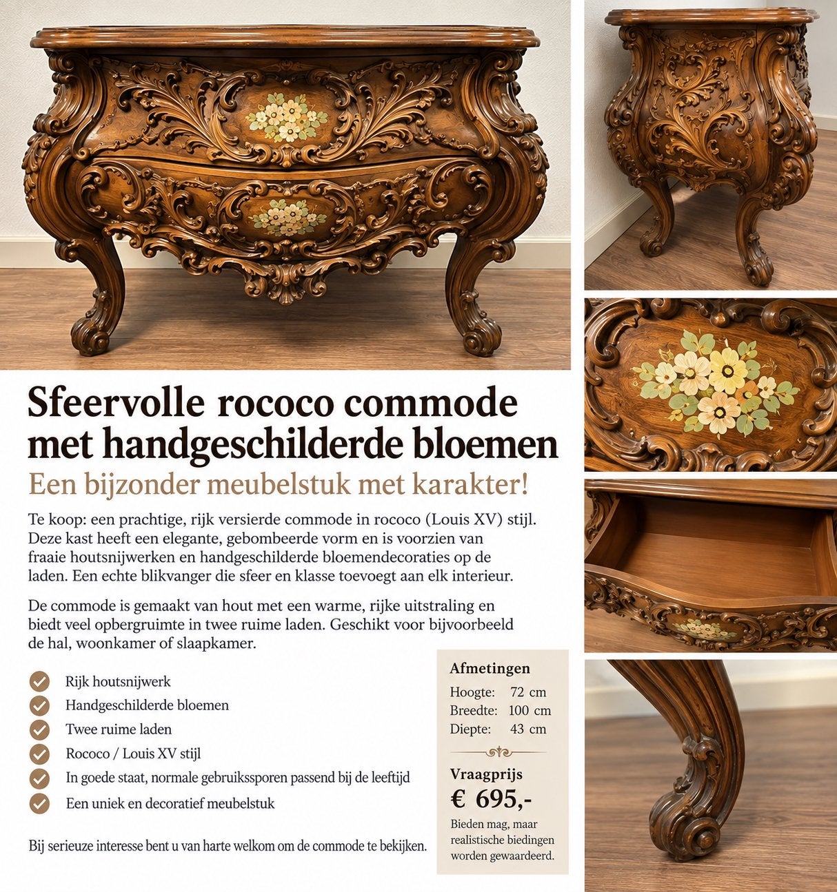 Sfeervolle rococo commode met handgeschilderde bloemen, Ophalen, 100 tot 150 cm, Zo goed als nieuw, Minder dan 100 cm