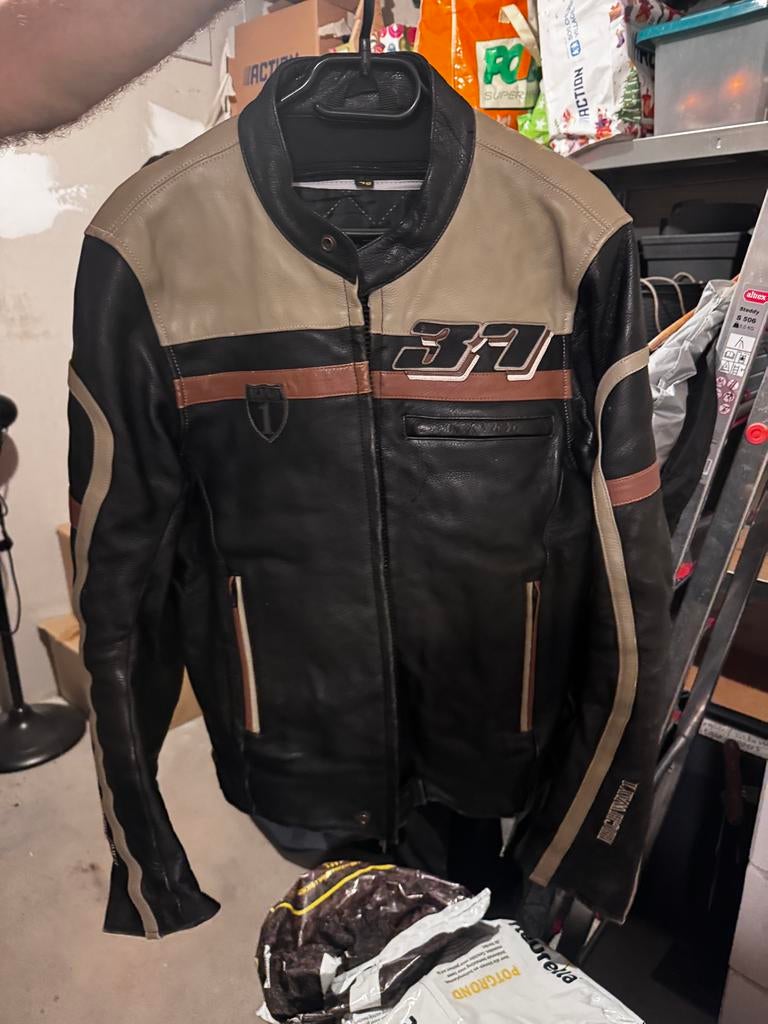 Highway 37 Leren Motorjas - Zwart/Beige Maat 48, Motoren, Kleding | Motorkleding, Ophalen, Tweedehands, Heren, Jas | leer