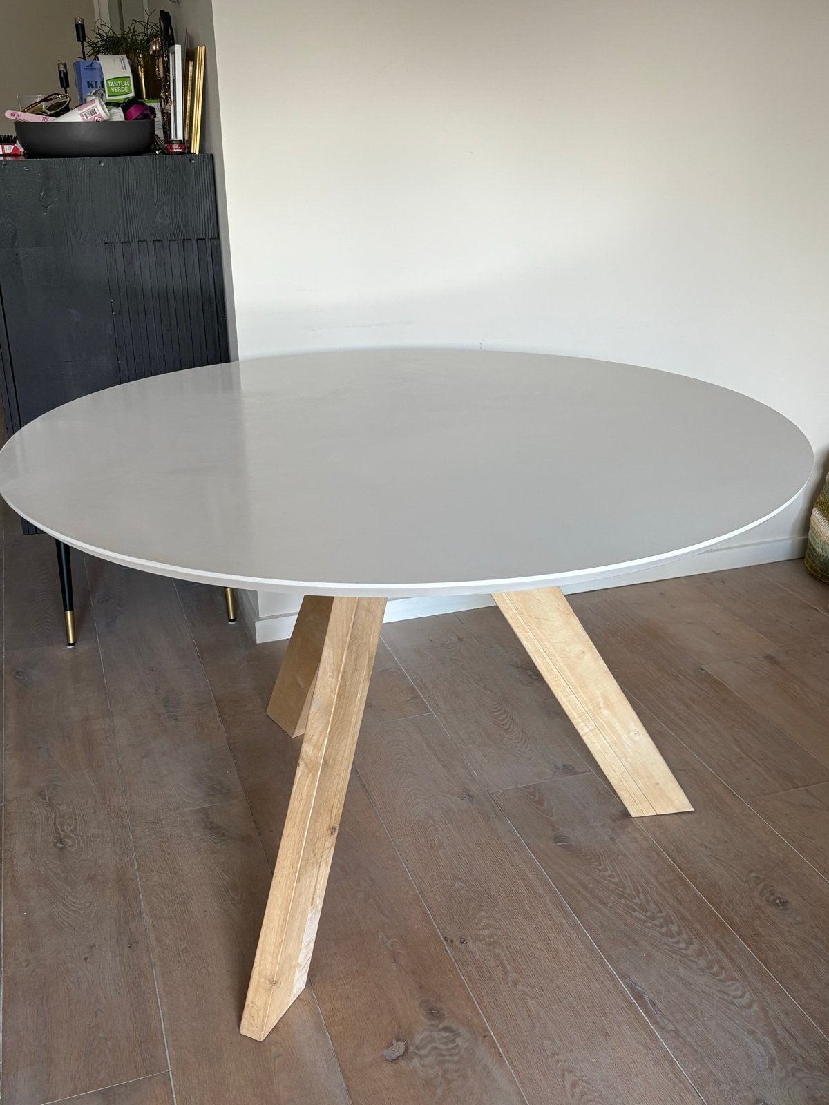 Ronde witte eettafel met beuken poten - 120 cm, Ophalen, Gebruikt, 100 tot 150 cm, Rond