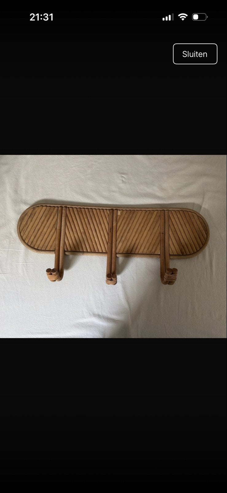 Vintage rotan wandkapstokje met 3 haken, Wandkapstok, Ophalen of Verzenden, Zo goed als nieuw, Minder dan 100 cm