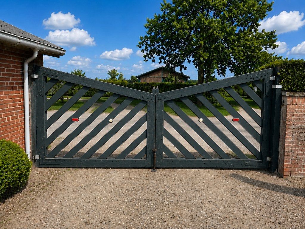 Massieve houten dubbele poort 280 cm x 2, Tuin en Terras, Ophalen, Gebruikt, 150 tot 200 cm, Hout