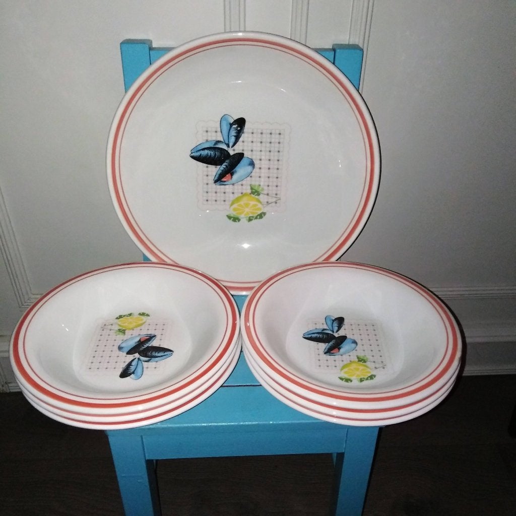 Mosselservies 6 borden en 1 mossel schaal van aardewerk, Ophalen, Gebruikt, Bord(en), Overige stijlen