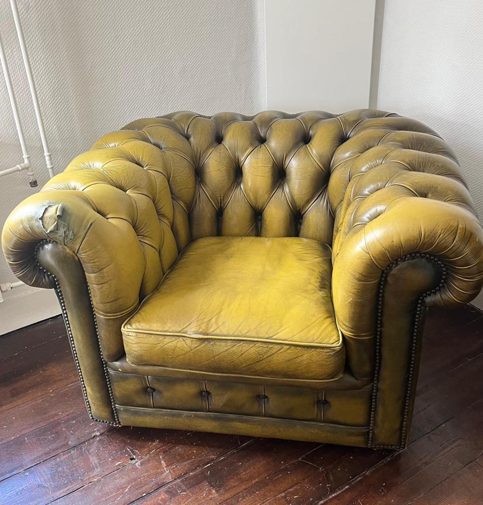 Supermooie lederen Chesterfield fauteuil, Ophalen, Gebruikt, 75 tot 100 cm