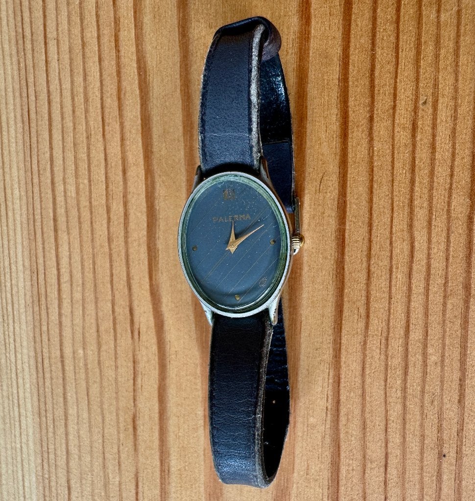 Vintage horloge Palerma - Blauw / Grijs Leer, Overige merken, Staal, Polshorloge, Ophalen of Verzenden