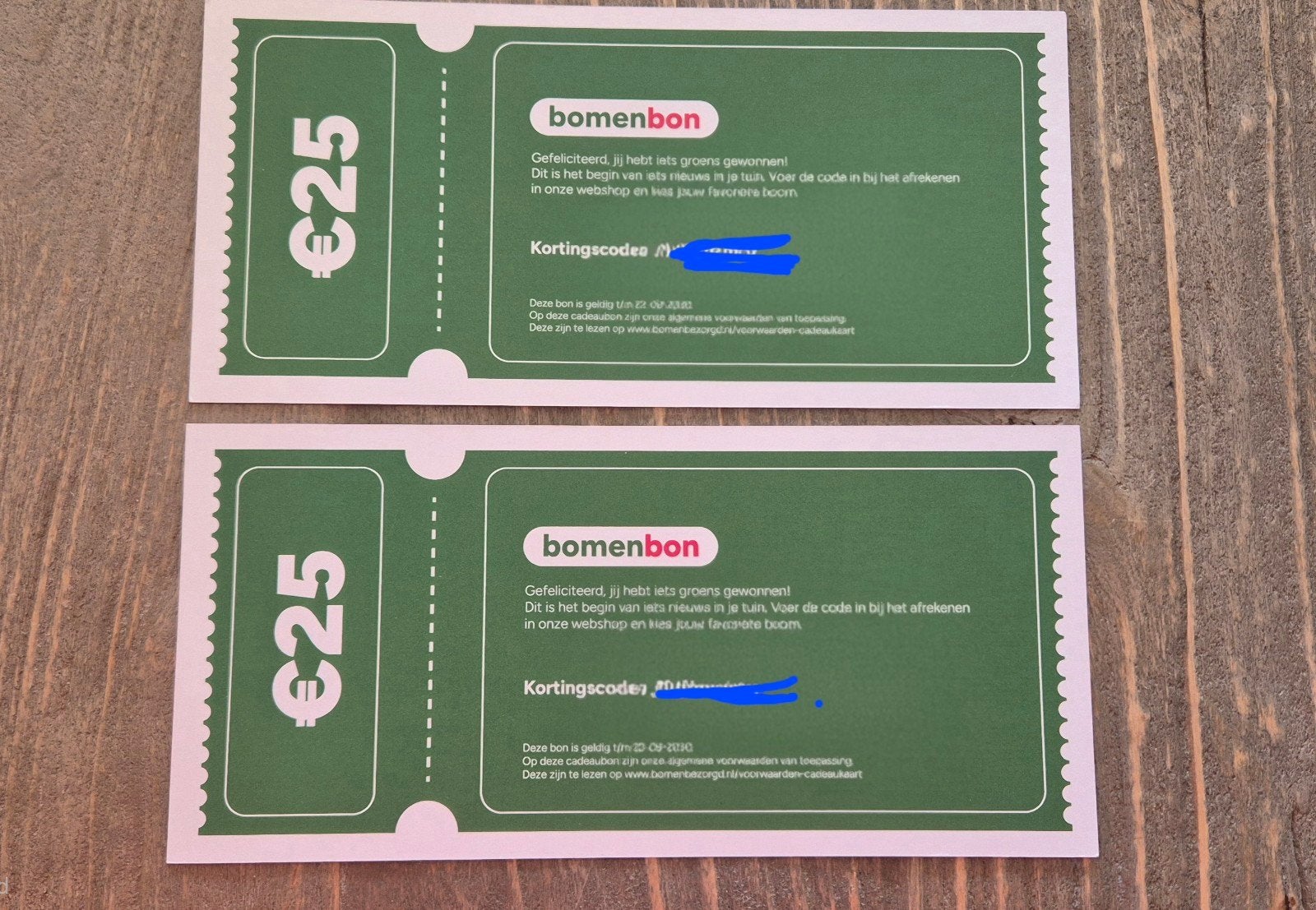 2x cadeaubon tot 50 euro  bomenbon  bomenbezorgd, Twee personen, Cadeaubon