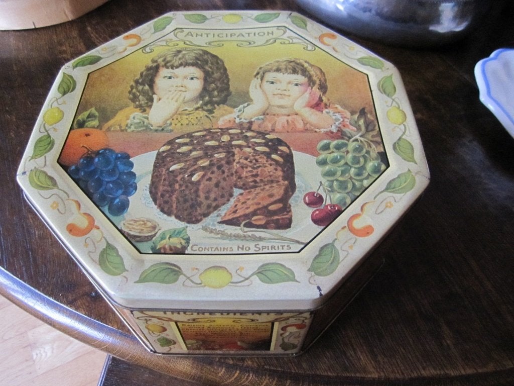 Vintage koekjesdoos - blik Mommy's rich fruity cake, Verzenden, Gebruikt, Koek(jes)