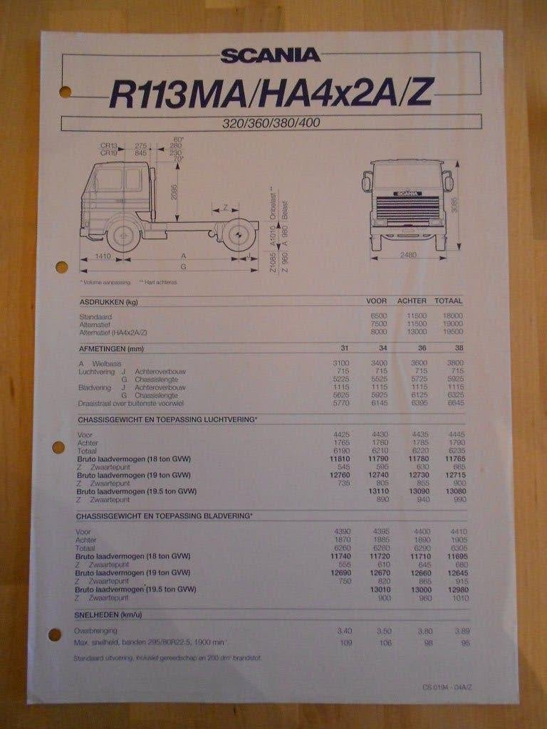 Scania R 113 4x2 1994 Technische Specificatie Folder R113, Ophalen of Verzenden, Zo goed als nieuw, Overige merken, Scania