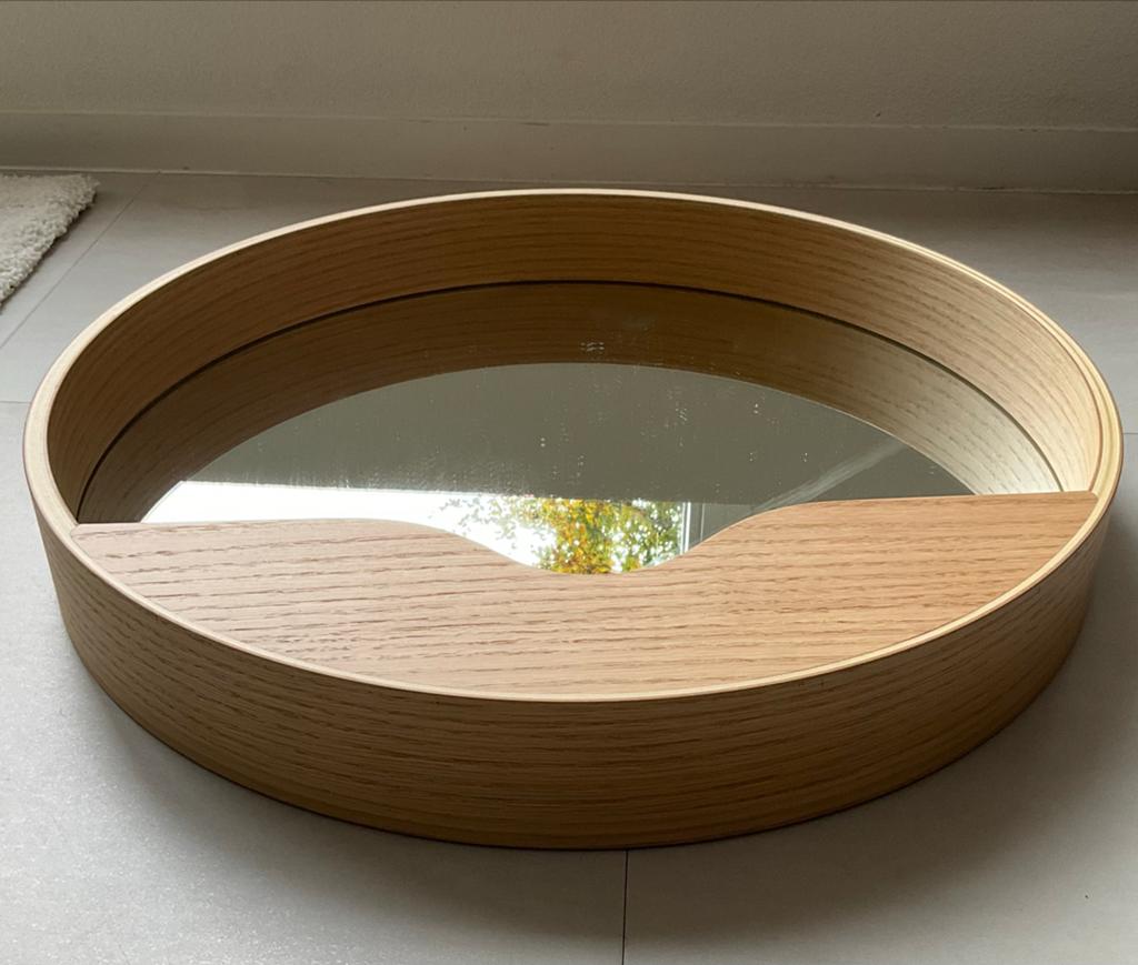 Zuiver Designspiegel Rond met Houten Lijst en Opbergvak, Huis en Inrichting, Woonaccessoires | Spiegels, Rond, Nieuw, Ophalen of Verzenden