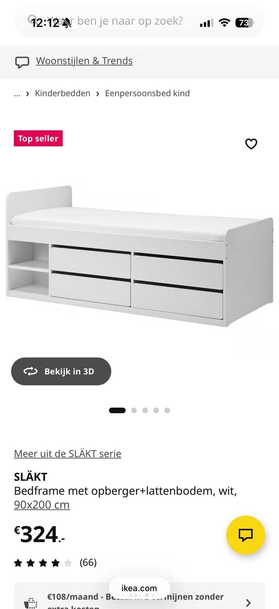 IKEA SLÄKT bedframe met opberger en lattenbodem, wit, Ophalen, 85 tot 100 cm, Gebruikt, Lattenbodem