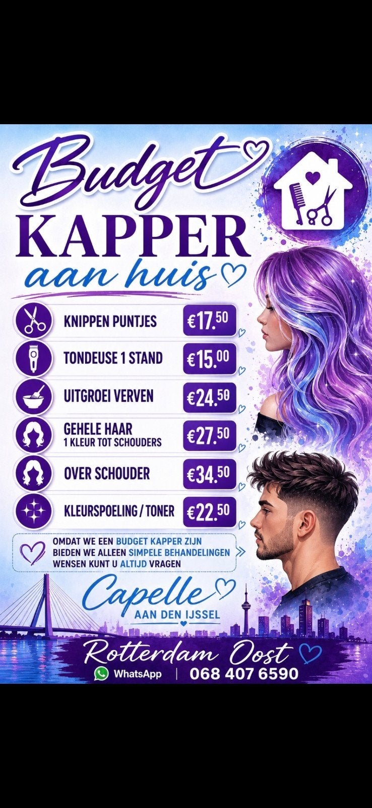 Budget Kapper aan Huis Betaalbare prijzen | Capelle & R'dam, Komt aan huis, Knippen