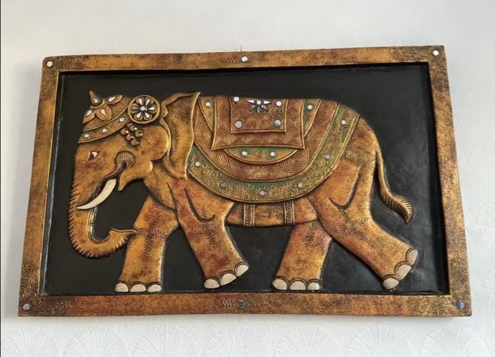 Aziatisch Wandpaneel Olifant Reliëf met Spiegeltjes Vintage, Ophalen