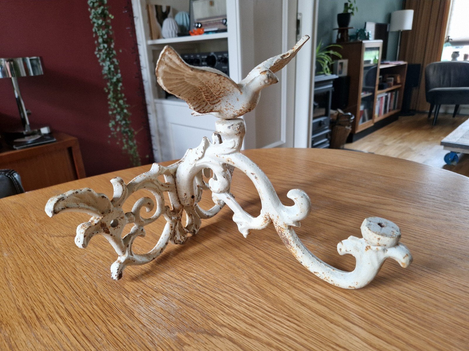 Zwaar brocante gietijzeren wandornament met duif uit 1880, Ophalen of Verzenden