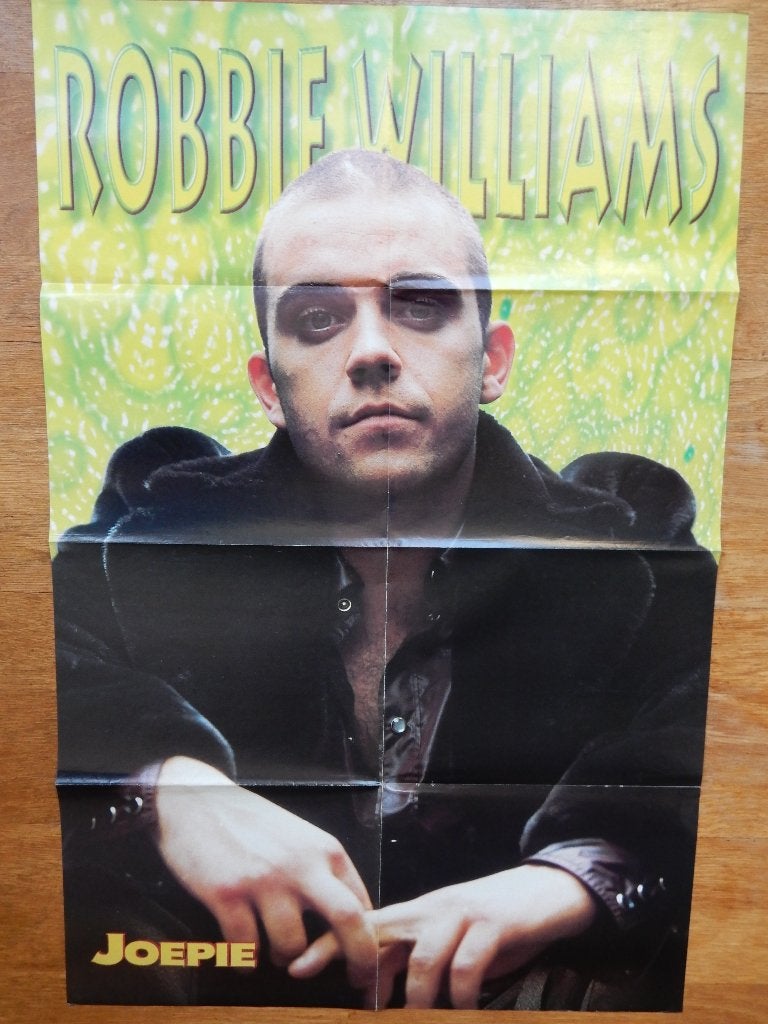 Robbie Williams poster, achterkant The Teletubbies., Verzamelen, Ophalen of Verzenden, Zo goed als nieuw, Poster, Artwork of Schilderij
