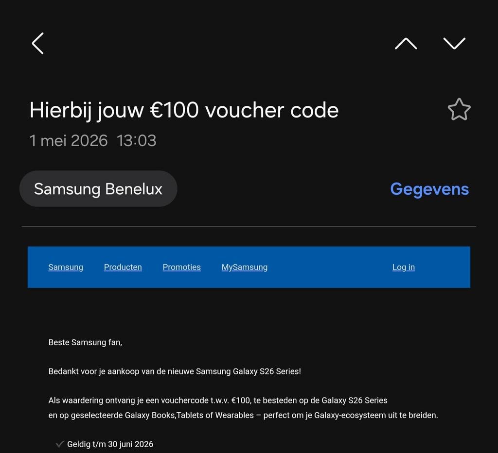 100 euro Samsung waardebon/kortingsbon/voucher (zie foto), Tickets en Kaartjes, Kortingen en Cadeaubonnen, Eén persoon, Kortingsbon