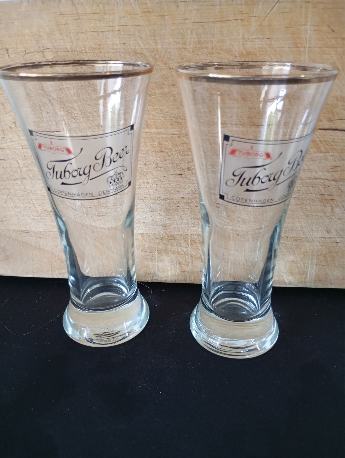 vintage Tuborg Beer 2 glazen gouden rand igst, Verzenden, Zo goed als nieuw, Gebruiksvoorwerp