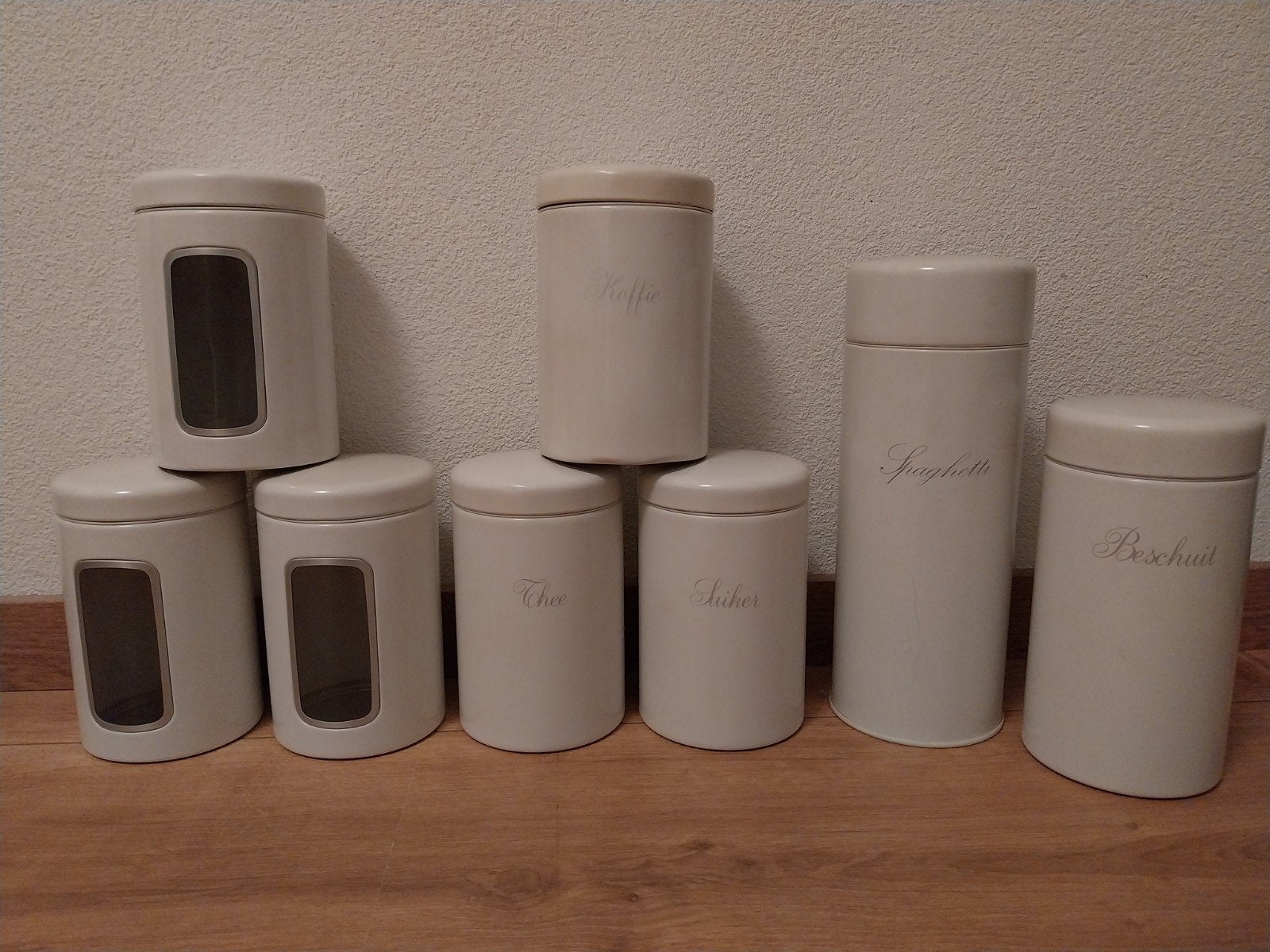 8 Brabantia voorraadbussen - Koffie, Thee, Suiker, Spaghetti, Beige, Gebruikt, Ophalen of Verzenden, Voorraadpot