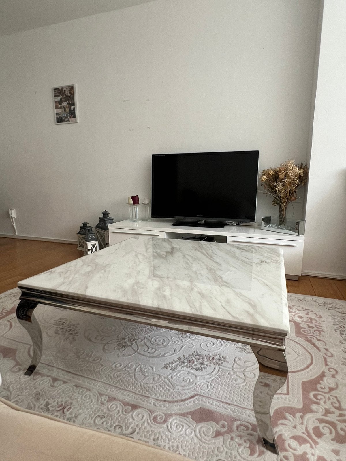 Luxe Marmerlook Salontafel (100x100 cm) met Zilver RVS Poten, Ophalen