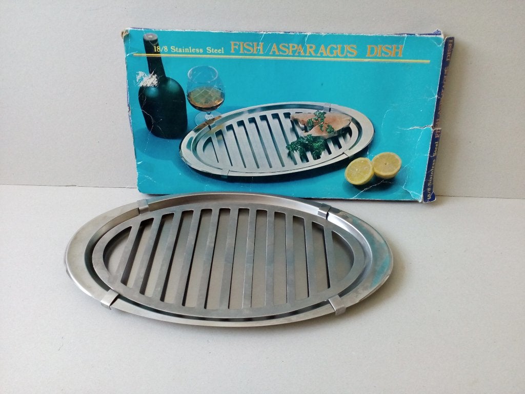 Vintage Asperge/visschaal. Stainless steel 18/8., Huis en Inrichting, Overige merken, Vintage, Ophalen of Verzenden, Metaal