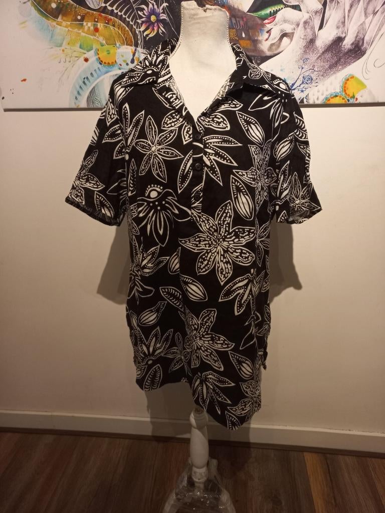 Zwarte 100% Linnen Blouse met Bloemenprint - Maat 44/46, Jessica, Zwart, Maat 42/44 (L), Ophalen of Verzenden