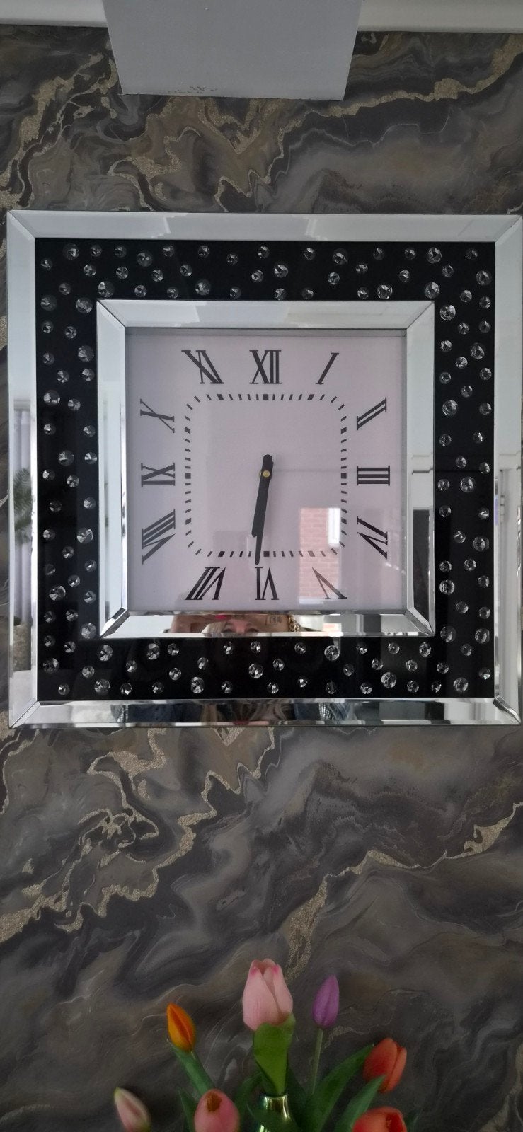 Luxe Spiegelklok met Diamanten - 50x50 cm, Ophalen, Wandklok, Analoog, Zo goed als nieuw