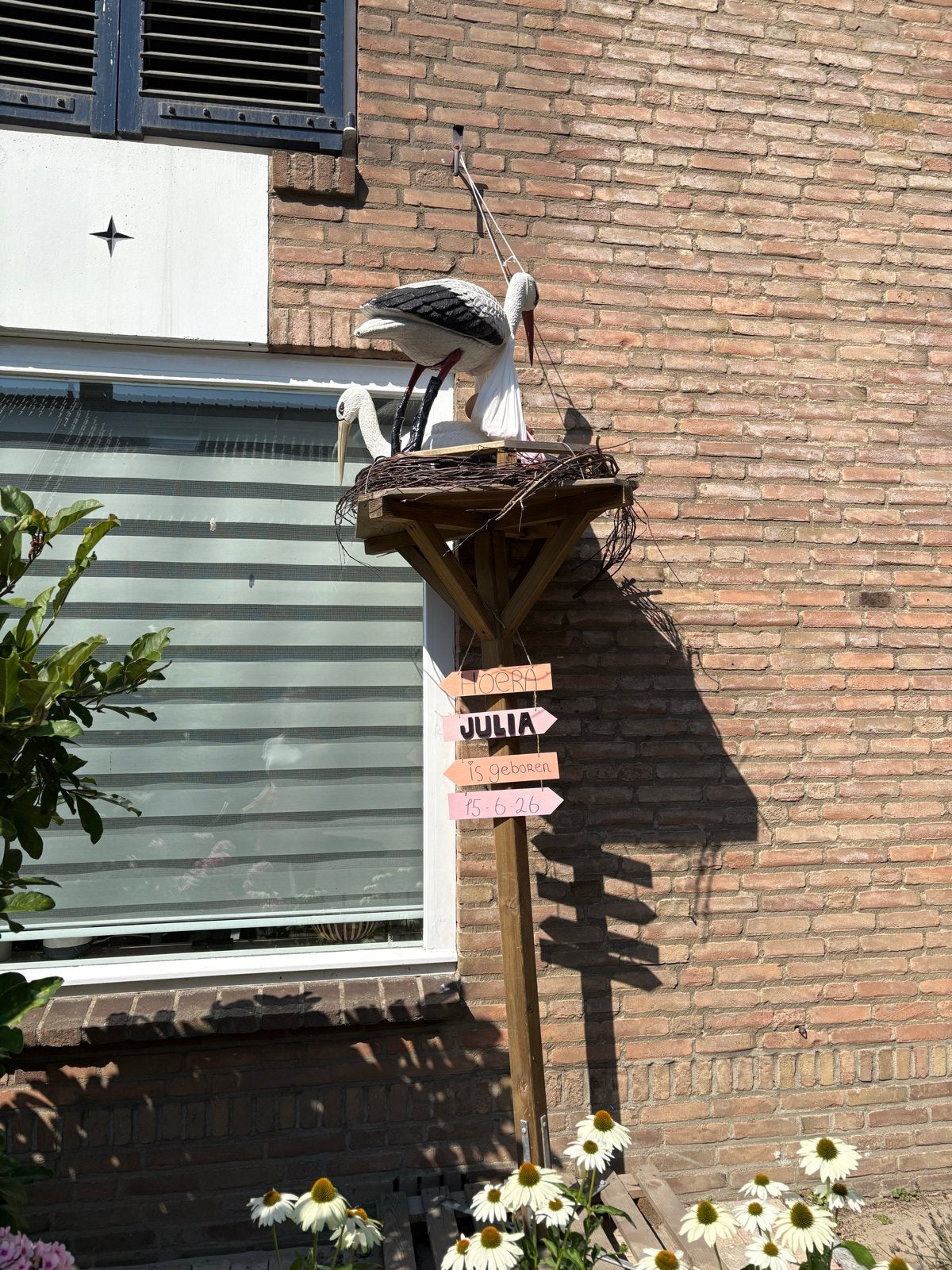 Te koop: Geboortebord Ooievaarsnest met 2 ooievaars en doek, Ophalen, Gebruikt, Geboortebord