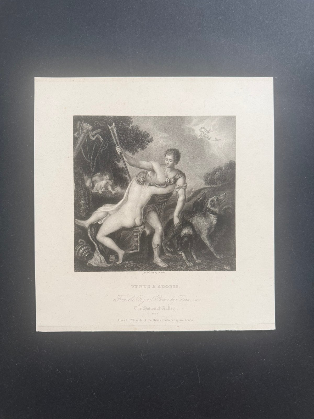Antieke Gravure – Venus & Adonis – Mythologische Prent, Ophalen of Verzenden, Mythologie, Gravure