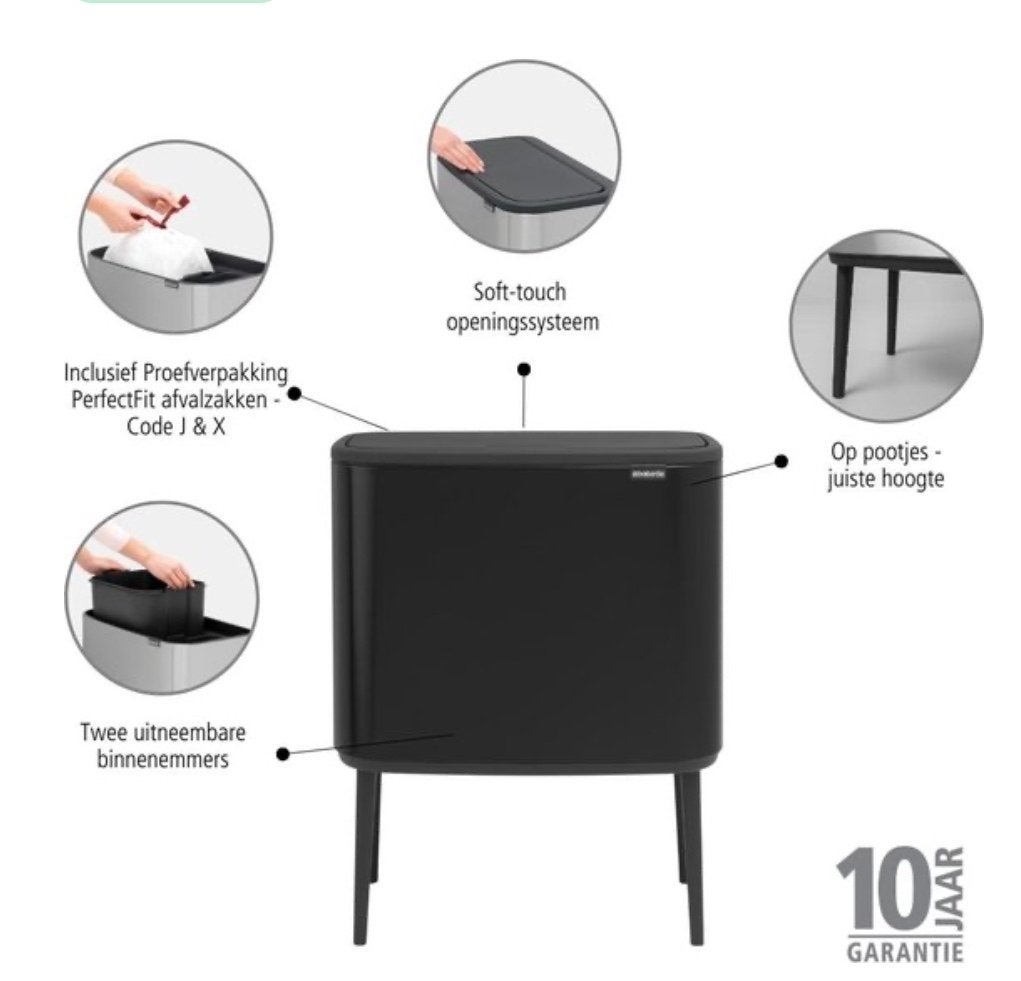 Brabantia Bo Touch Bin Prullenbak - 11 + 23 liter - Matt Bla, Huis en Inrichting, Woonaccessoires | Prullenbakken, 50 – 75, Nieuw