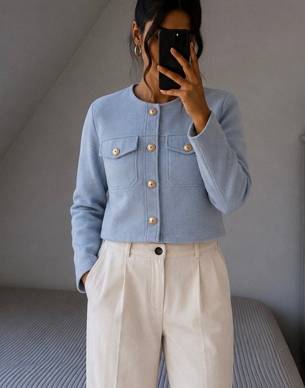 Zara - Blazer jasje/top hemelsblauw met gouden knopen, Verzenden, Gedragen, Maat 34 (XS) of kleiner, Blauw