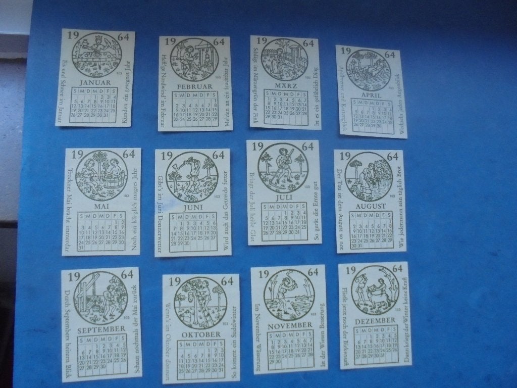 12 Oude lucifermerken 1964 met kalendermaanden, Ophalen of Verzenden, Zo goed als nieuw, Luciferdoosjes of -merken