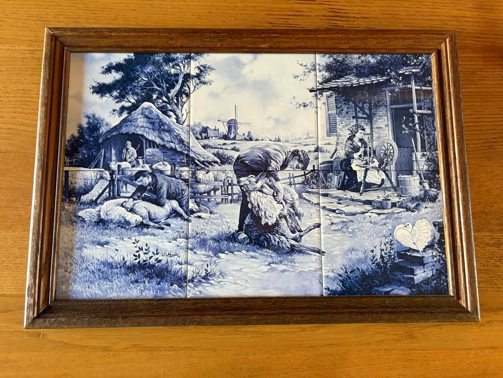 Vintage Delfts Blauw Tegeltableau J.C. van Hunnik Schaapherd, Ophalen