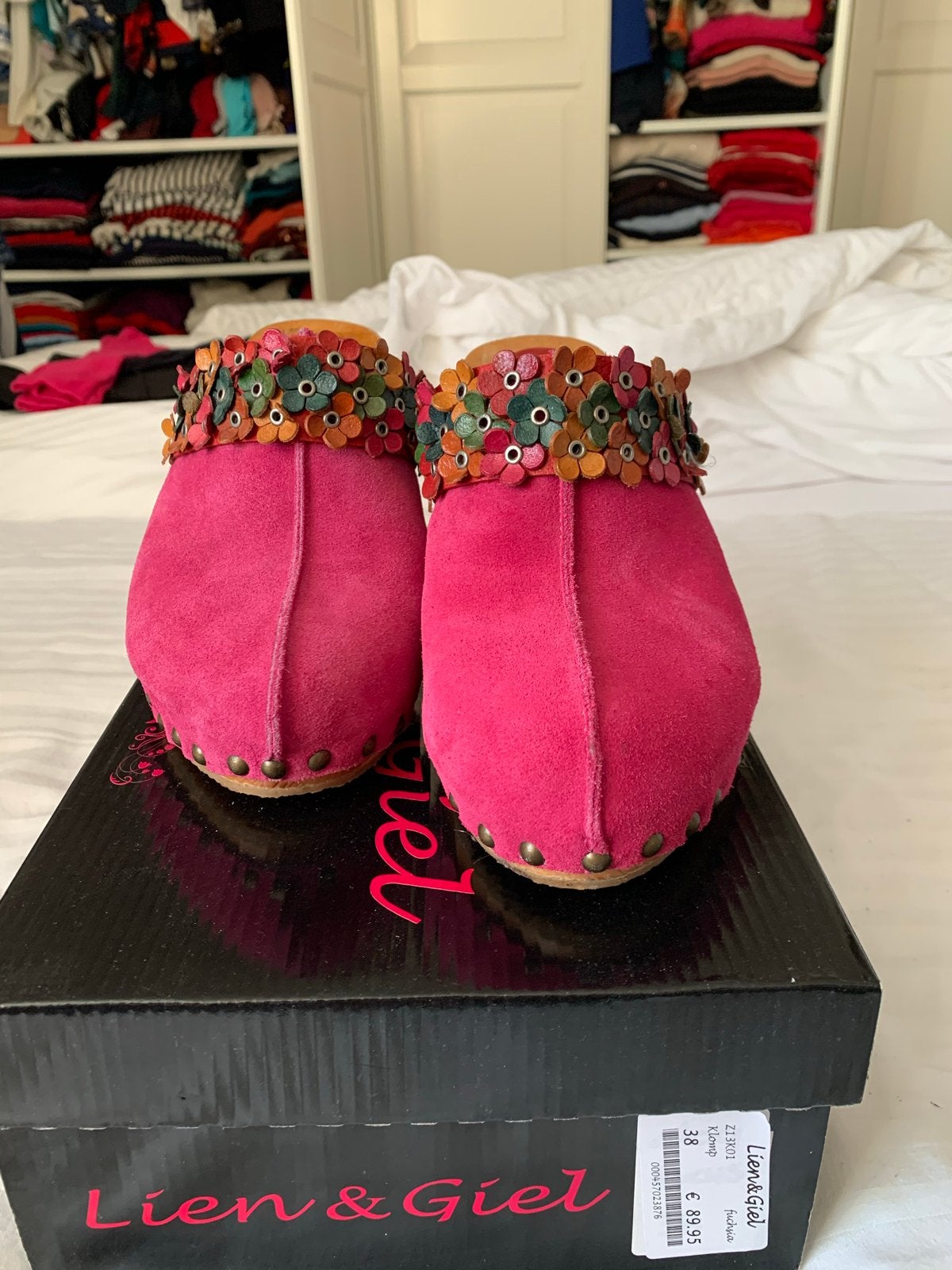Lien en Giel roze klompen met bloemen, maat 38, Ophalen of Verzenden, Zo goed als nieuw, Roze, Overige typen