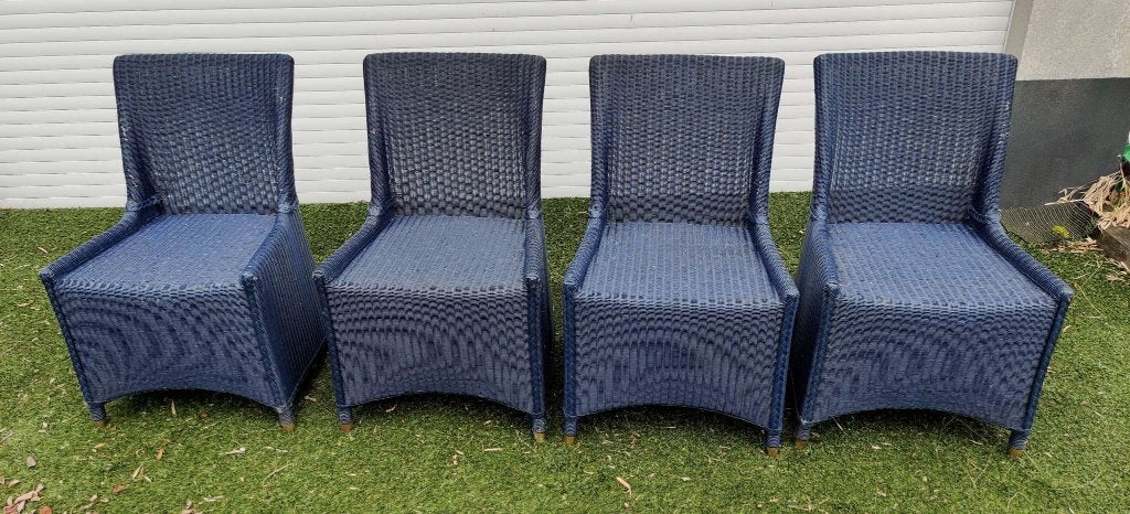 4 rieten eetkamerstoelen (ook voor buiten geschikt), Ophalen, Gebruikt, Blauw, Riet of Rotan