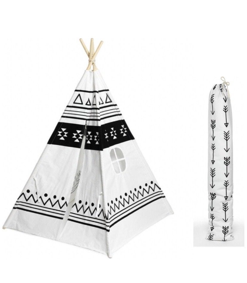 Speeltent Tipi Zwart Wit met Houten Stokken en Opberghoes, Ophalen, Zo goed als nieuw, Hout