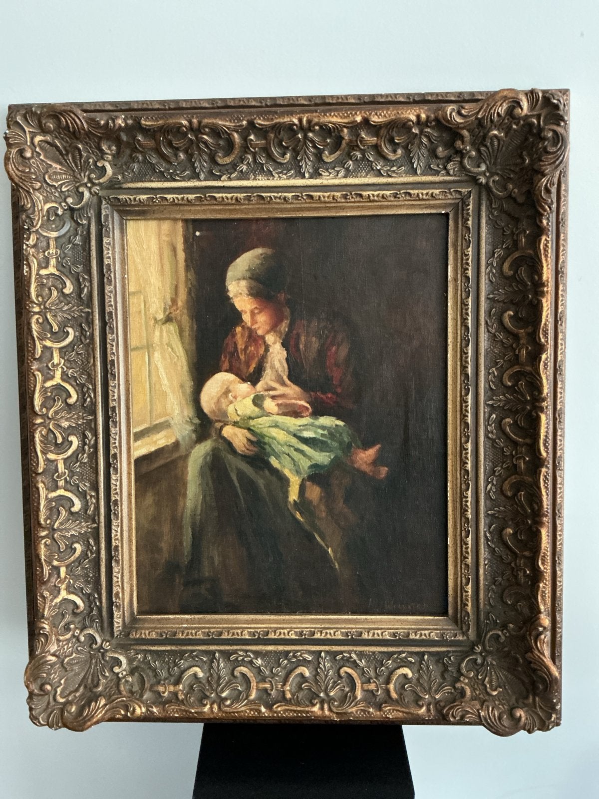 Moeder en kind door AM Woustra geschilderd, Antiek en Kunst, Kunst | Schilderijen | Klassiek, Doek, Portret of Personen, Ophalen of Verzenden
