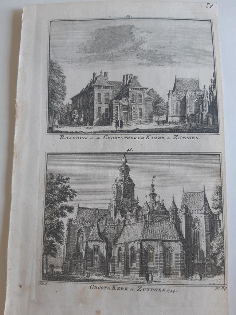 A45-46/ Raadhuis Gedeputeerde kamer en Groote Kerk Zutphen, Antiek en Kunst, Kunst | Etsen en Gravures, Ophalen of Verzenden