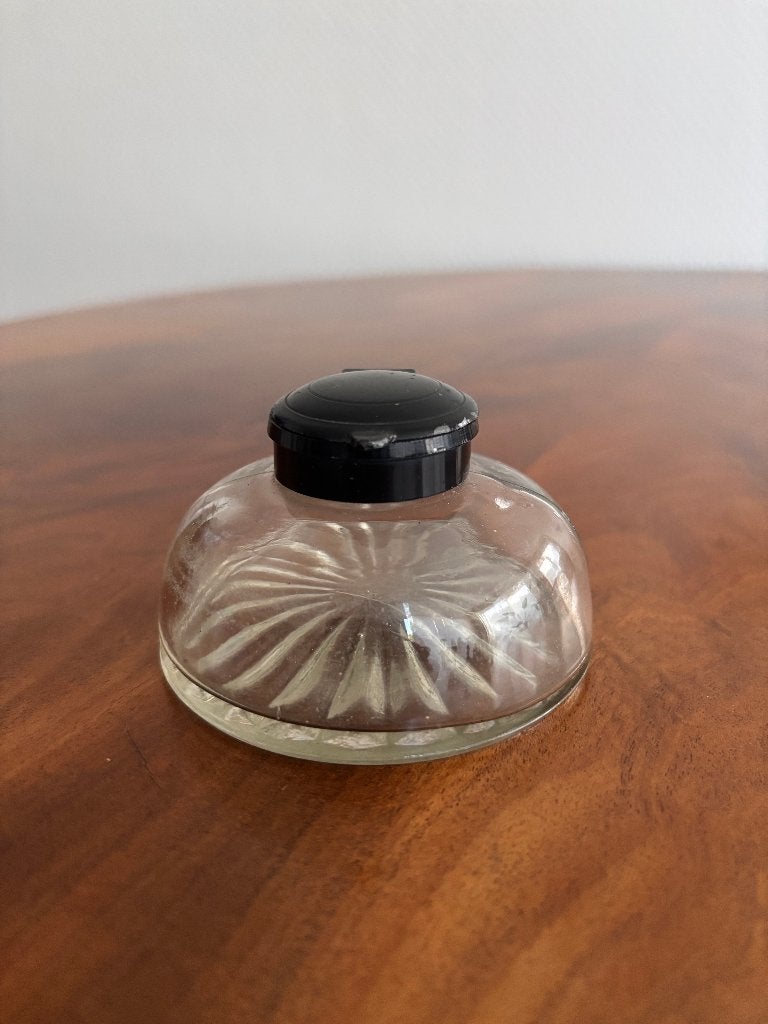 Art Deco glazen inktpotje met metalen deksel., Ophalen of Verzenden