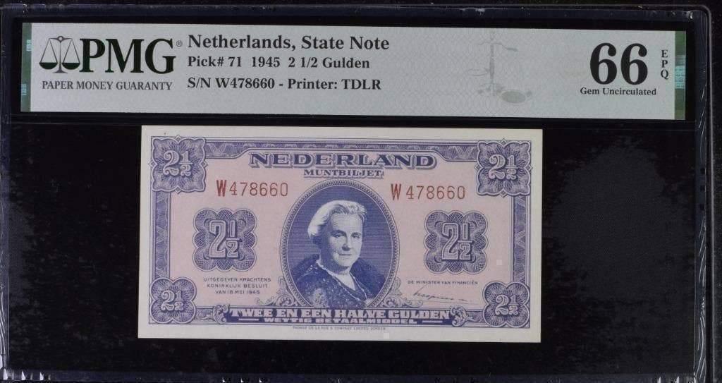 Meest zeldzame biljet 2,5 gulden 1945, W-serie UNC | PMG 66, Ophalen of Verzenden