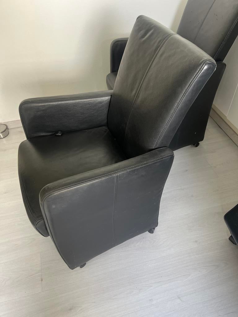 Zwarte leren eetkamerstoelen - 6 stuks, Huis en Inrichting, Fauteuils, Ophalen of Verzenden, Gebruikt, Modern