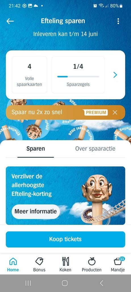 4 Efteling korting kaarten van de Albertheijn (digitale ), Tickets en Kaartjes, Drie personen of meer, Kortingskaart