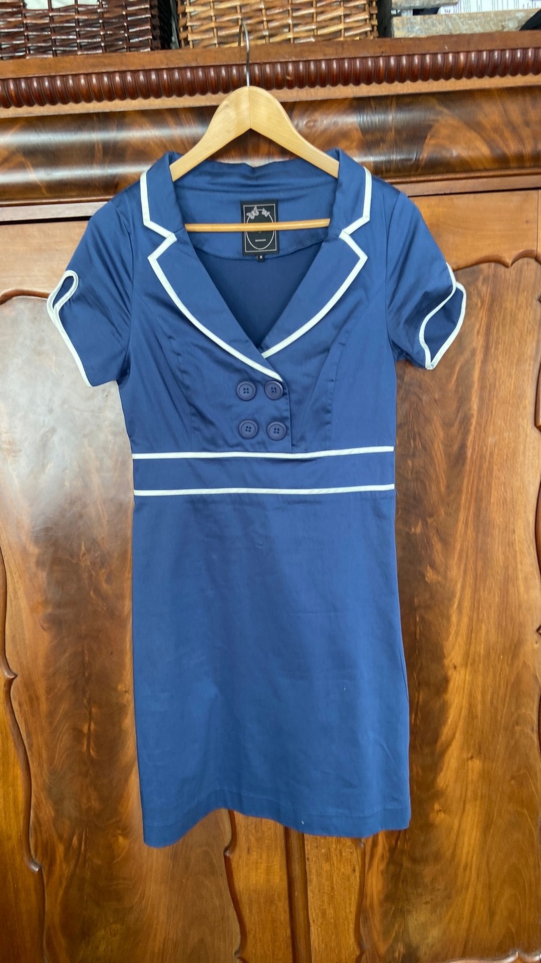 Jurkje Edith & Ella mt. M katoen blauw met witte bies, Verzenden, Zo goed als nieuw, Blauw, Boven de knie