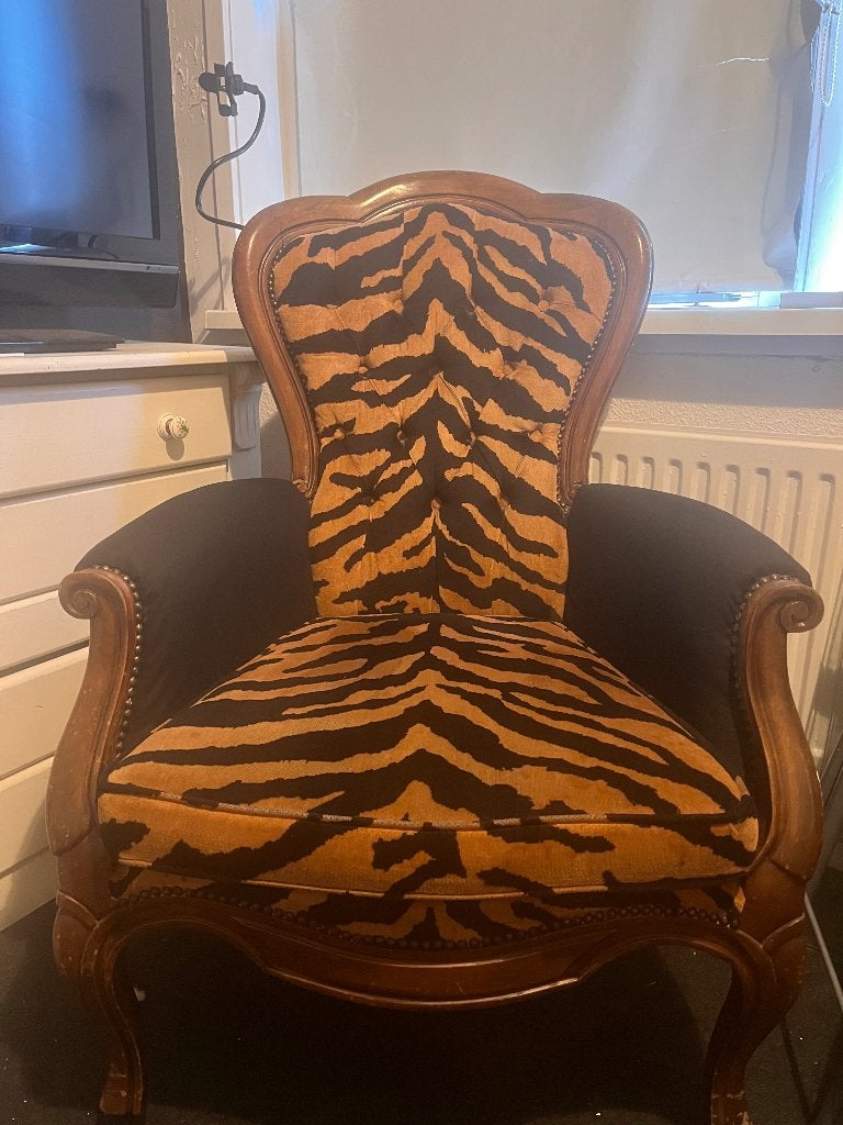 Vintage Fauteuil met dierenprint, Ophalen, Gebruikt, 75 tot 100 cm, Hout