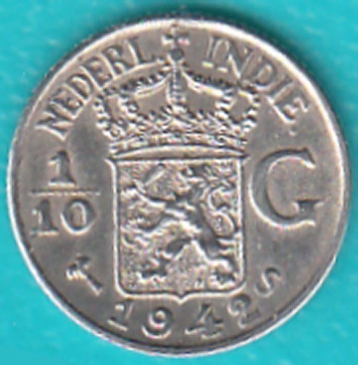 Nederlands-Indië 1/10 gulden 1942 S Wilhelmina zilver, Postzegels en Munten, Munten | Nederland, Zilver, Ophalen of Verzenden