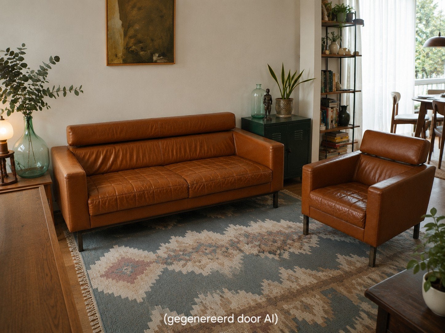 Leren bank en fauteuil met hoofdsteunen, Huis en Inrichting, Banken | Bankstellen, Ophalen, Gebruikt, 200 tot 250 cm, Leer