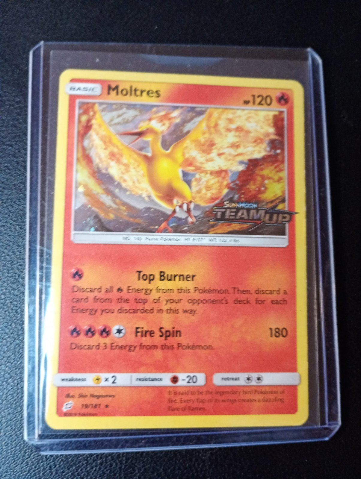 Moltres Pokémon kaart - Sun & Moon Team Up STAMPED, Ophalen of Verzenden, Gebruikt, Losse kaart, Foil